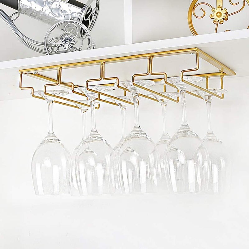 FOMANSH Wine Glass Rack - Under Cabinet Stemware Wine Glass Holder Glasses Storage Hanger 2 Pack Metal Organizer for Bar Kitchen Gold - Image 5